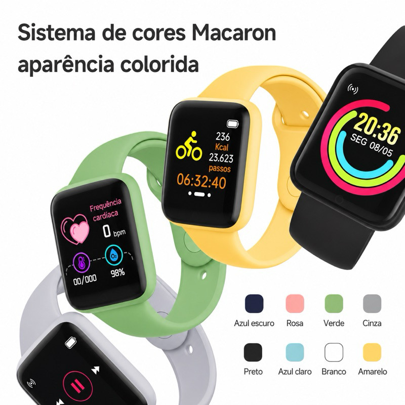 relogio smartwatch Macaron Color Relógio Inteligente Bluetooth Monitor Cardíaco Fitness Android iOS
