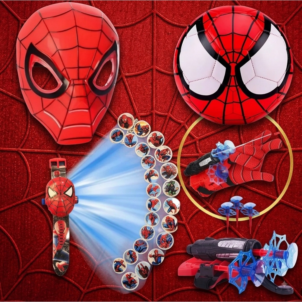 Kit 4 homem Aranha Mascara + Relógio Projetor + Luva Lança + Bola  Teias Spiderman