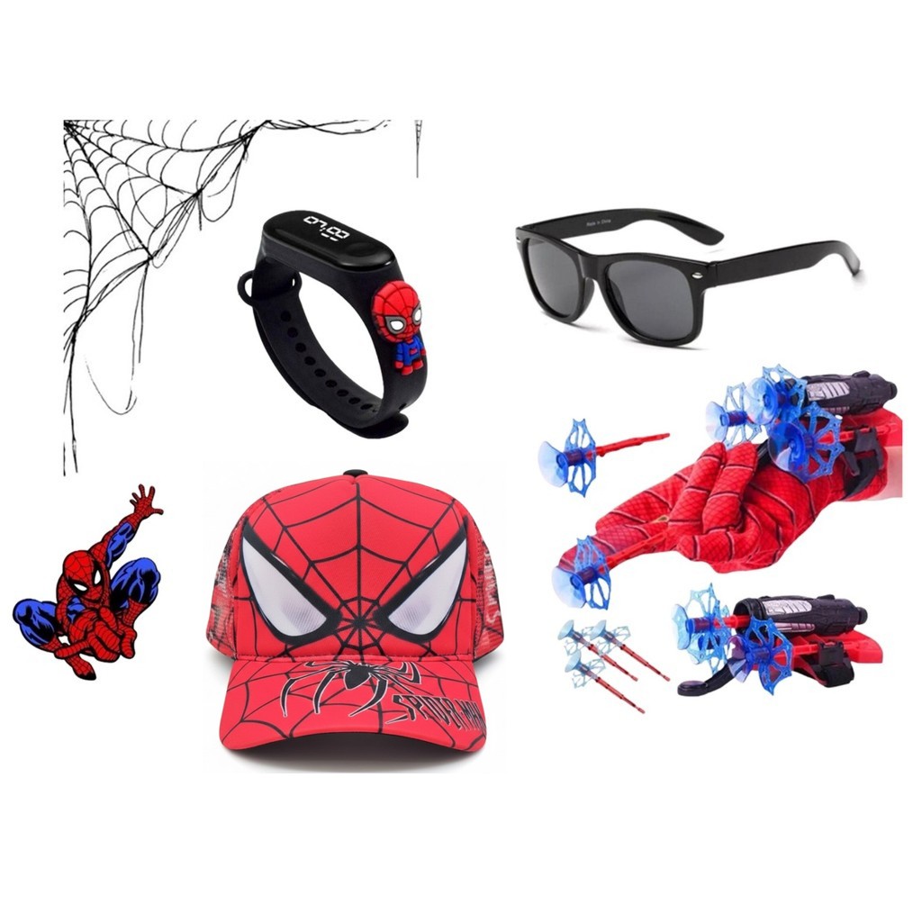 Kit Luva Homem Aranha Boné Óculos Relógio Infantil Brinquedo Lança Teia Super Heróis Spider Man Criança Menino Menina