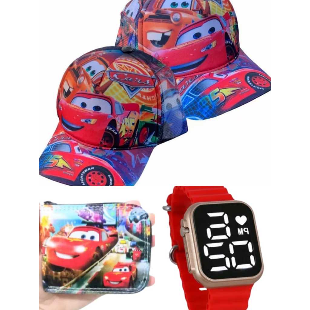 Boné e carteira carros , relógio digital a prova d agua smart infantil masculino , seu filho precisa deste presente.