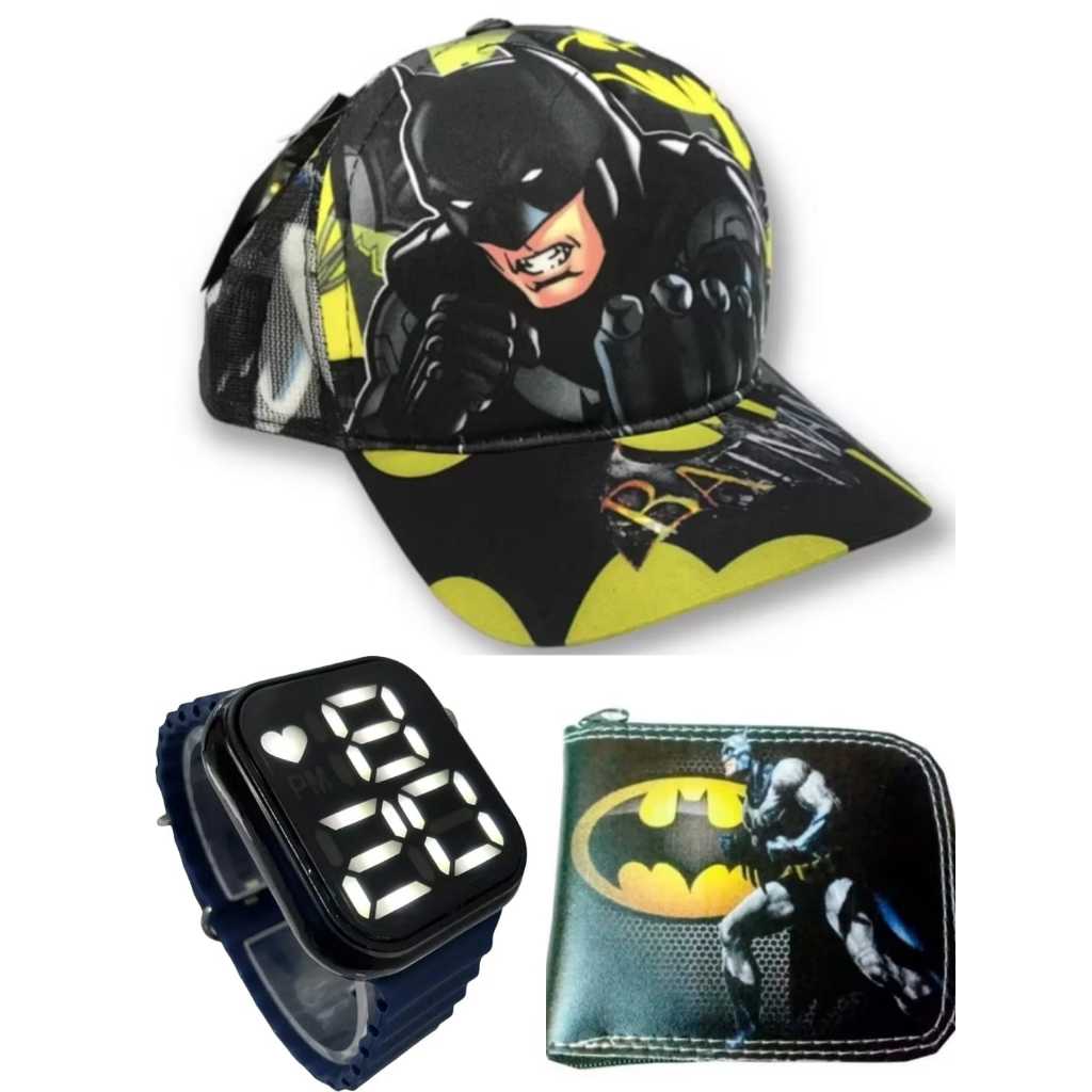 Boné e carteira do Batman e relógio smart a prova d agua infantil masculino , seu fil.ho merece este presente
