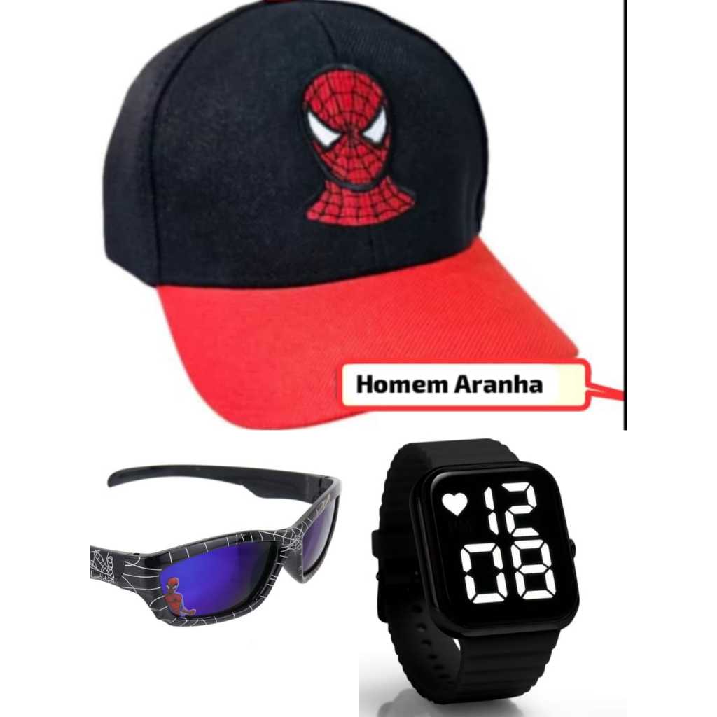 Boné bordado ,oculos e relógio digital smart a prova d agua infantil masculino do homem aranha , kit 3 em 1.