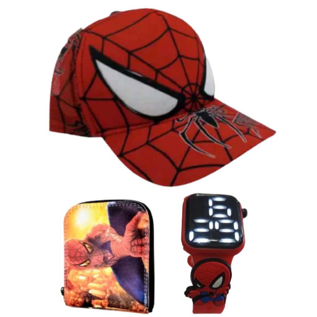 Boné , carteira e relógio digital a prova d agua estilo smart do Homem Aranha  , qualidade para seu filho.