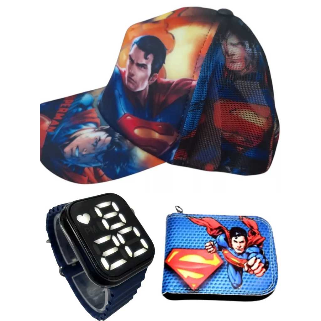 Boné , carteira do Superman e relógio digital a prova d agua smart , infantil masculino , seu feliz com este presente.