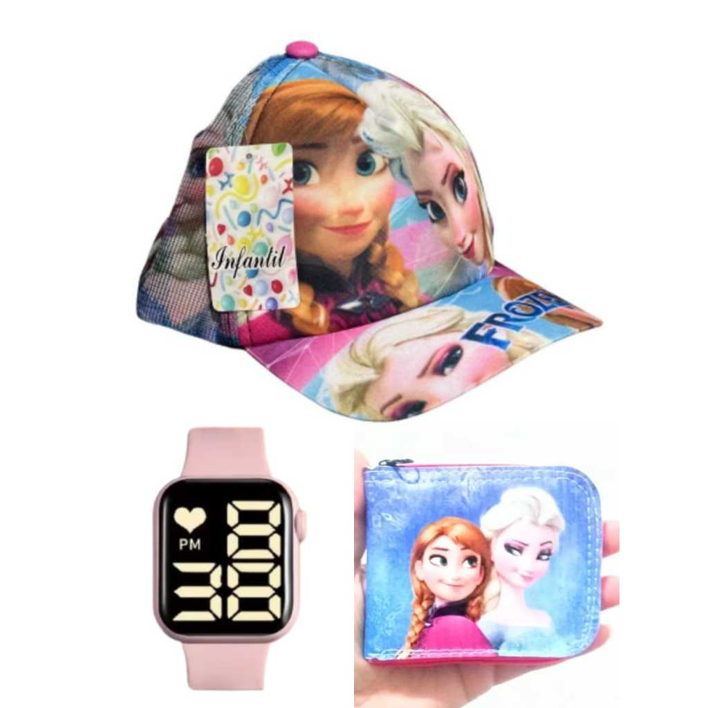 Boné e carteira infantil e relógio digital smart a prova d agua feminino , sua filha feliz com este presente