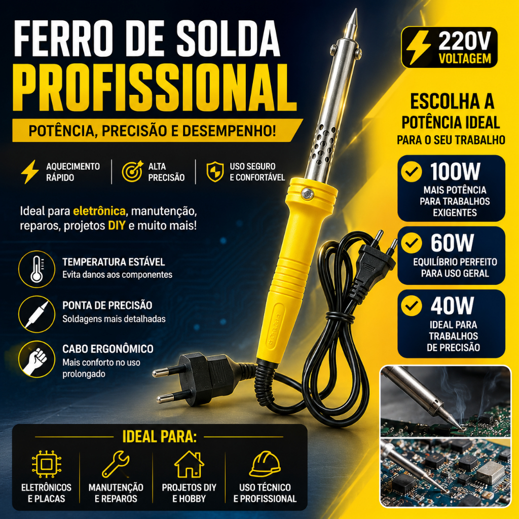 Ferro Soldador Elétrico 40W 60W 100W 127V 220V Profissional para Solda em Eletrônicos – Alta Precisão para PCB, Fios