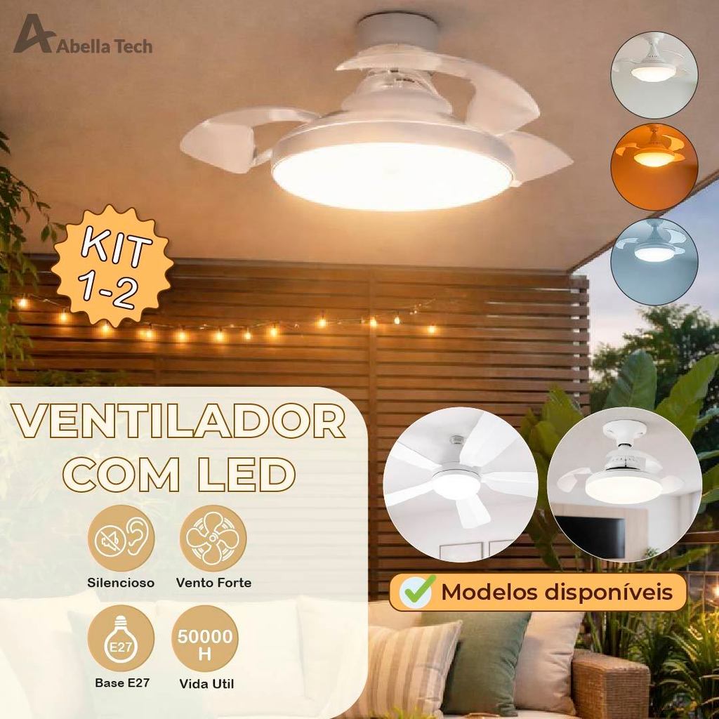 Ventilador de Teto Retrátil Lâmpada 3 Cores Silencioso 60W ou 100W Pás Design Sofisticado Bivolt