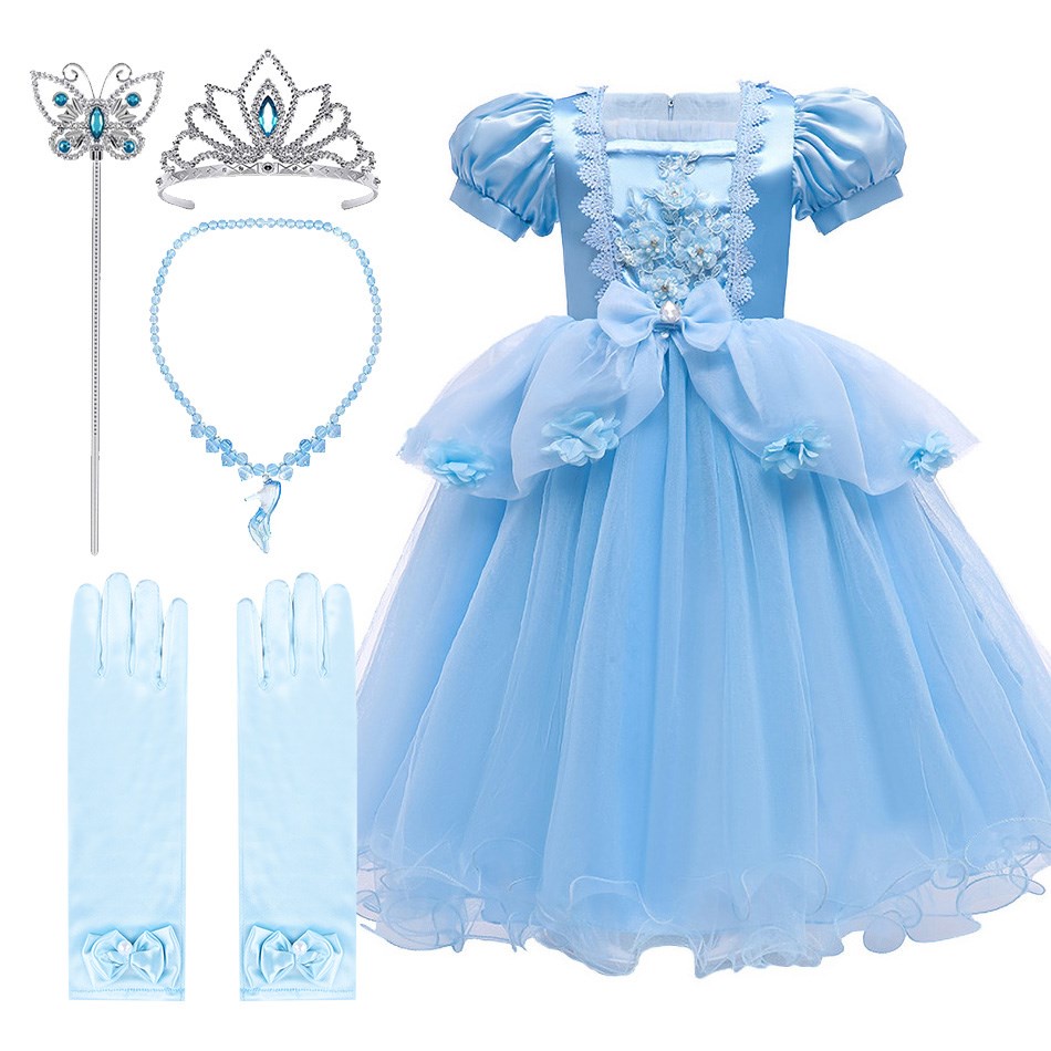 BLUE Costume Children Princess Luxury Gown  Cosplay Bubble Sleeve Carnival Dress