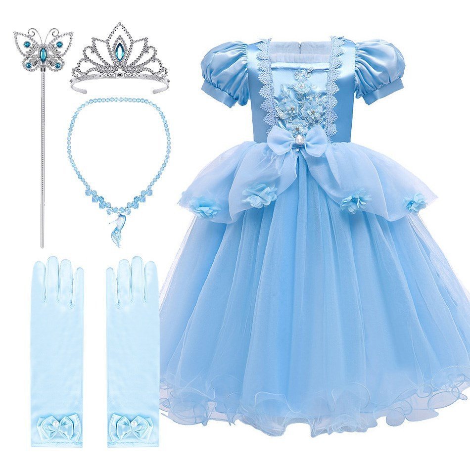 Cinderelle Costume Children Princess Luxury Gown  Cosplay Bubble Sleeve Carnival Dress
