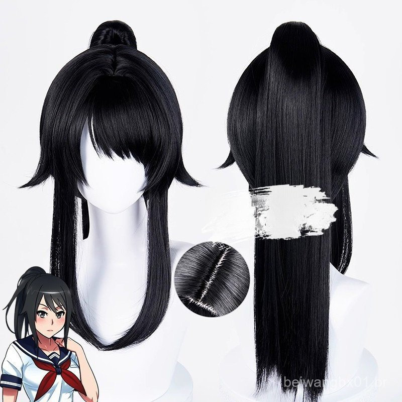 Peruca para cosplay de Ayano Aishi, personagem de Yandere Simulator, com rabo de cavalo comprido, cabelo sintético resis