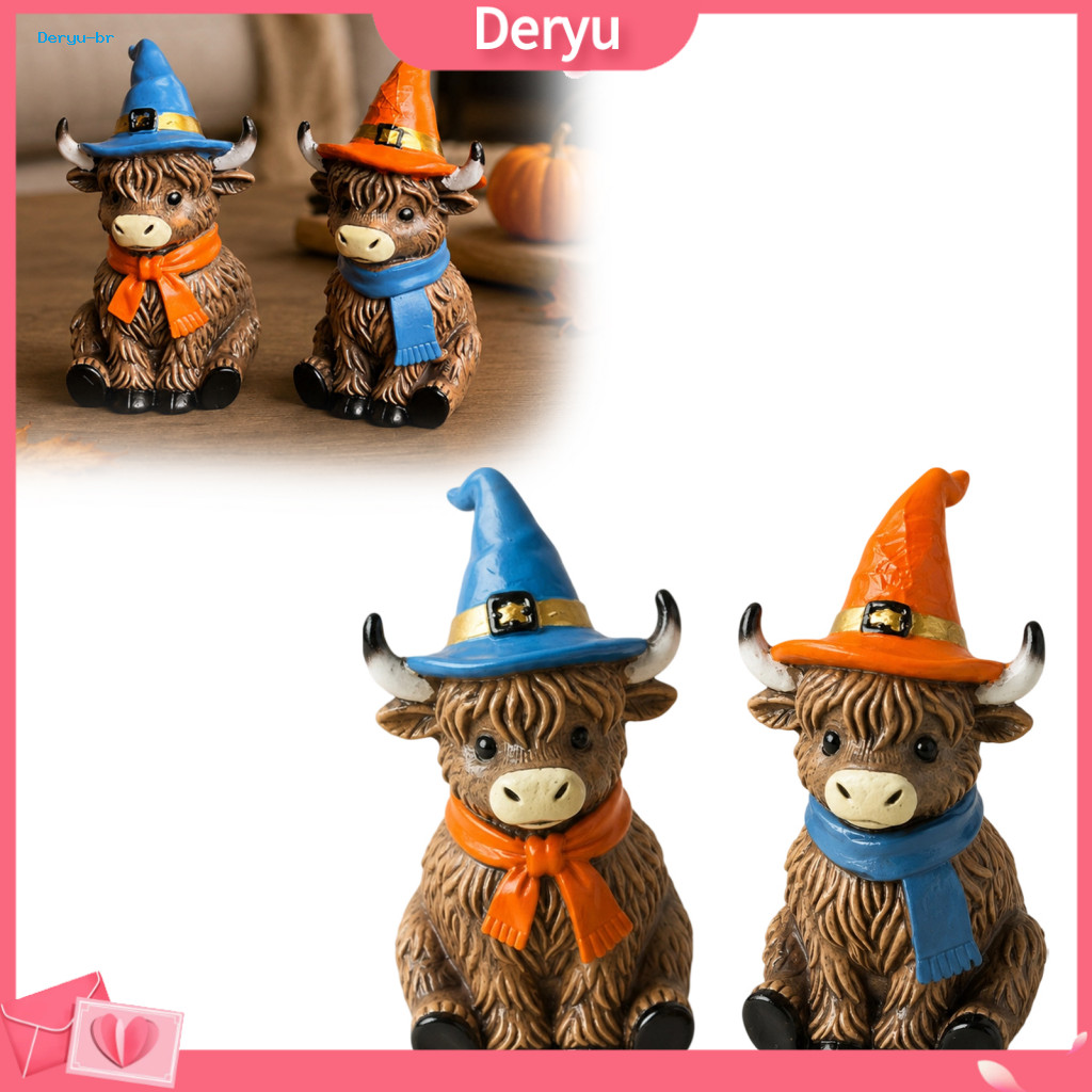 Highland Cow Ornament Indoor Outdoor Garden Resin Figurine with Witch Hat Scarf – Cute Halloween Decor for Home Office