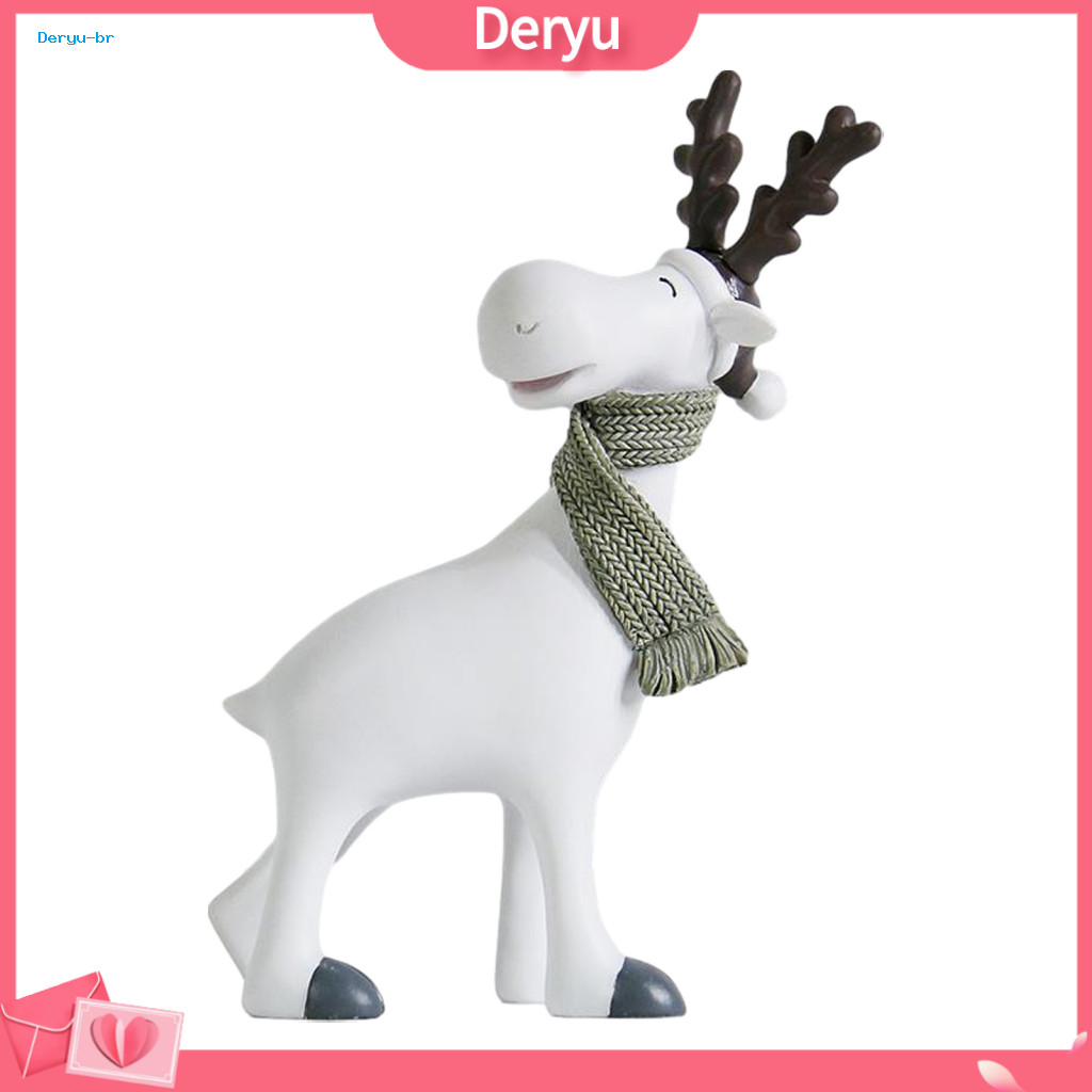 Nordic Elk Figurines Christmas Shelf Decor Minimalist White Resin Reindeer Figurine with Knitted Scarf – Cute Mini Dee