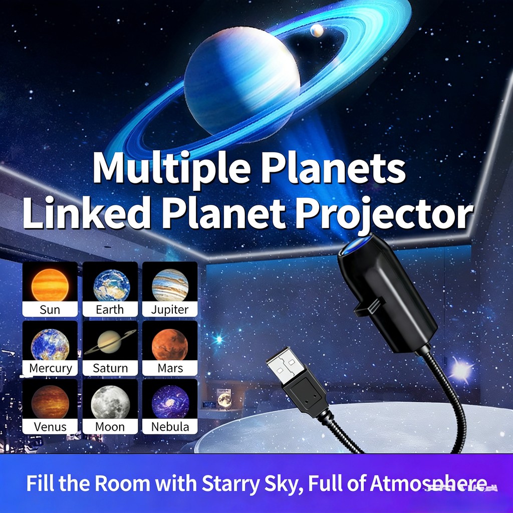 Projetor TechVibe LP003 360 ° Rotação USB Galaxy Multiple Planet Slides Moon Star Night Lamp Starry Sky Mini Light Para