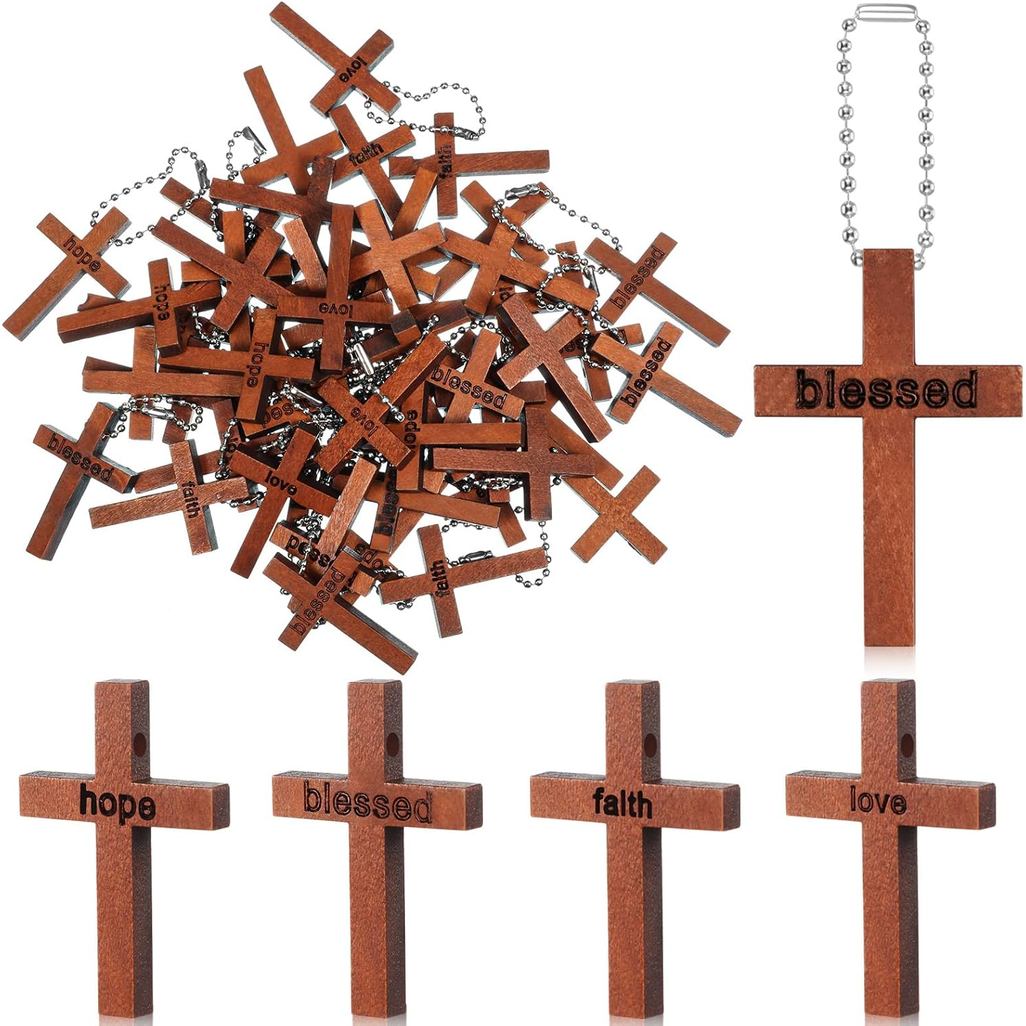 Yinkin 100 Pcs 4 Styles Small Wooden Cross Charms for Jewelry Making Hanging Favors Cross Keychain Christian Gifts Rusti