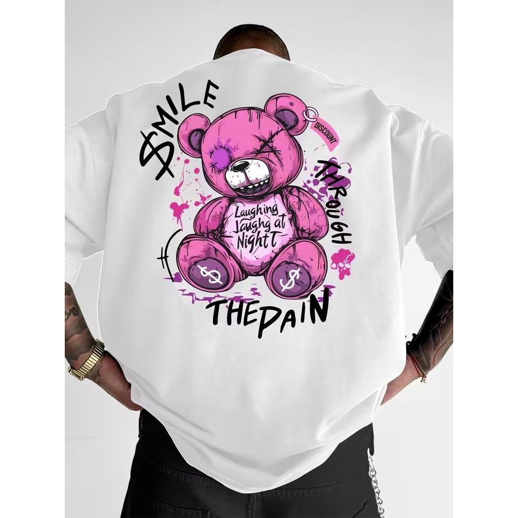 Camiseta Masculina Streetwear Algodão Penteado Infantil Adulto Plus Size Estampa Urso Smile Rosa Pink New Cartoon