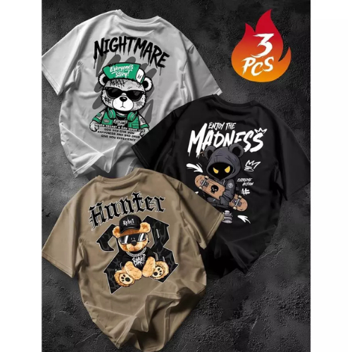 Kit 3 peças Camiseta Masculina Algodão Premium Adulto Plus Size Infantil Streetwear Madness Hunter Night Mare Moda over