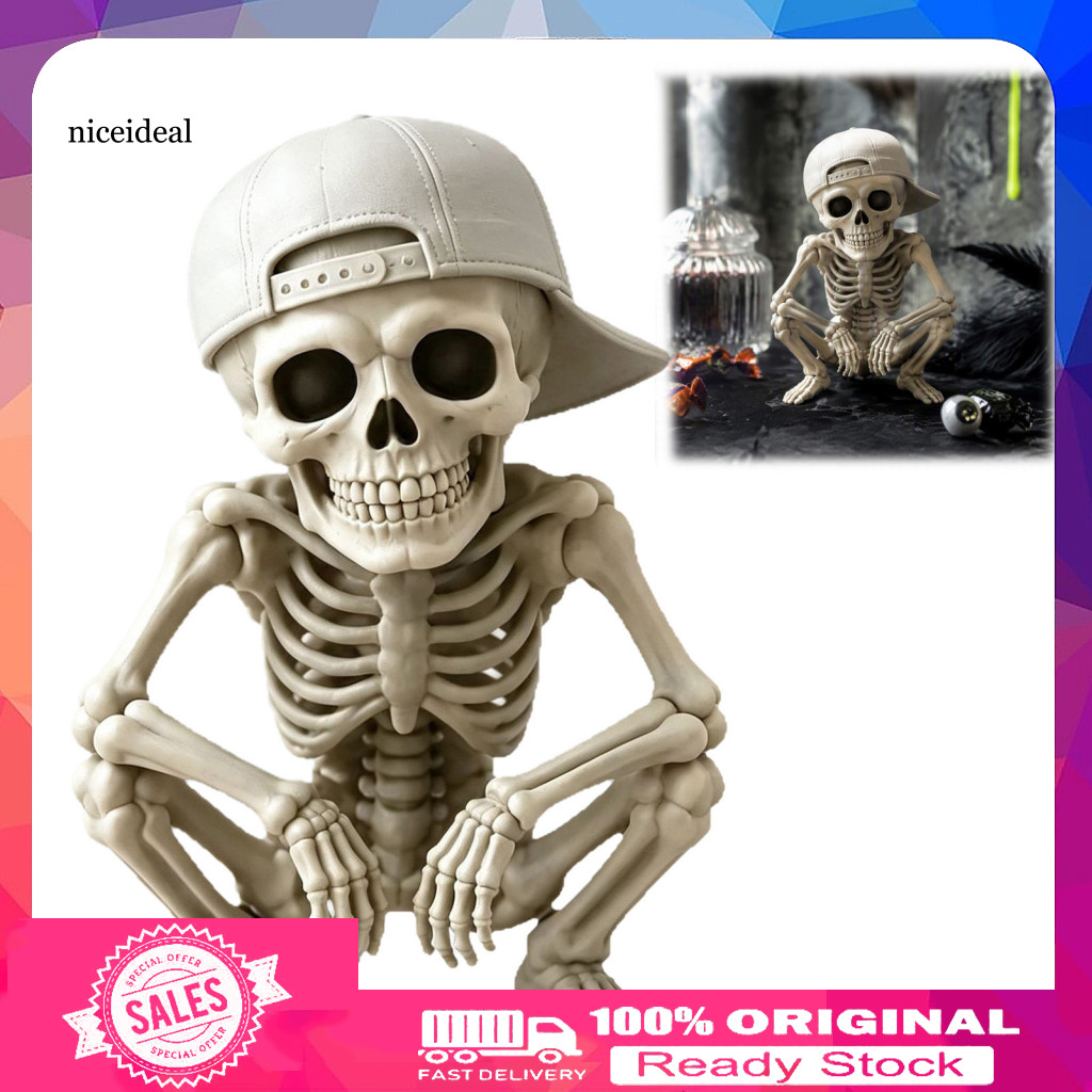 Crouching Skeleton Statue Funny Gift for Enthusiasts Halloween Figurine with Baseball Cap Resin Spooky Desktop Decoratio