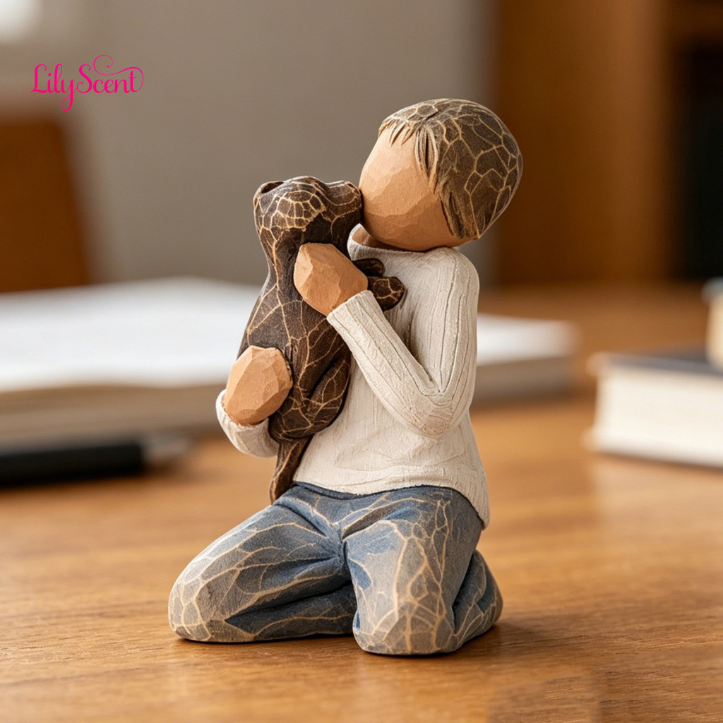 Pet Lover Gift Boy Dog Figurine Kneeling Blue Jeans Holding Resin Sculpture Cute Puppy Statue for Bedroom Office Desk Bo