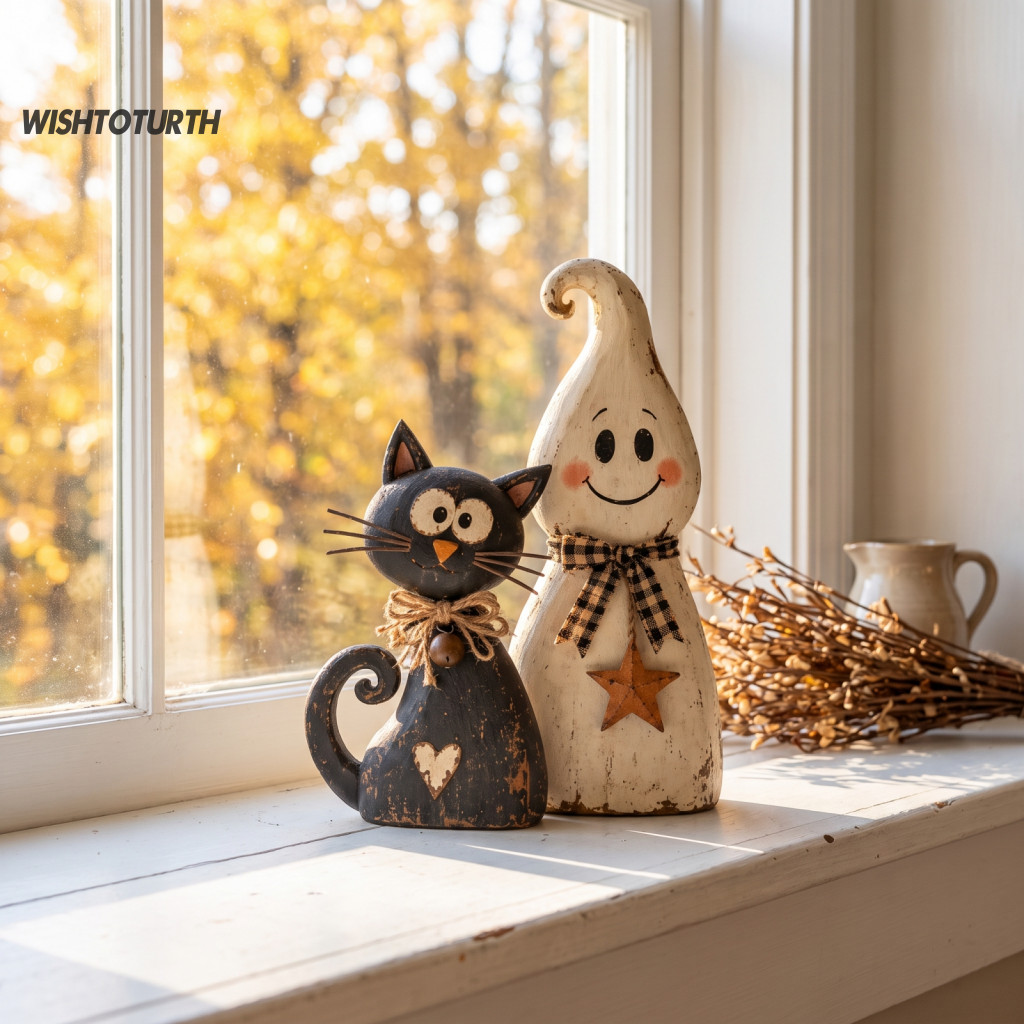 Tabletop Autumn Decorations Unique Resin Gifts for Friends 2pcs Halloween Figurines Ghost Black Cat Rustic Tiered Tray f