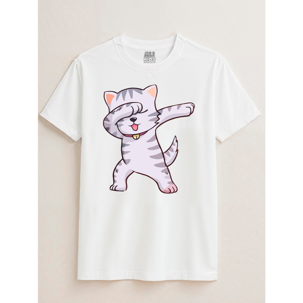 Camiseta T-shirt Gato Dab Juvenil e Infantil 2 ao 16 anos Cute 100% Algodão Menino Menina