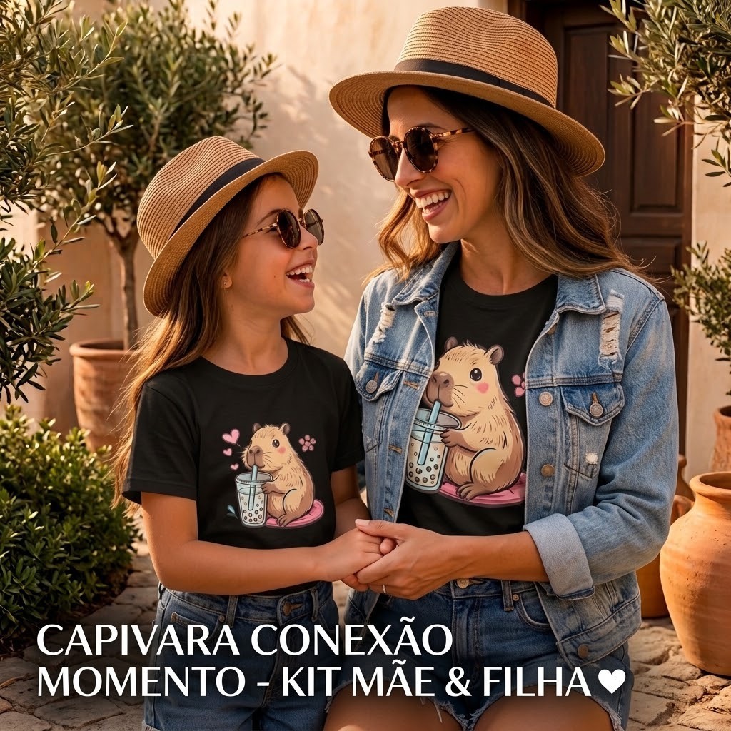 Kit Camiseta Mãe e Filha Capivara Cute Algodão | Blusa Combinando Adulto e Infantil | Look Família Fofo