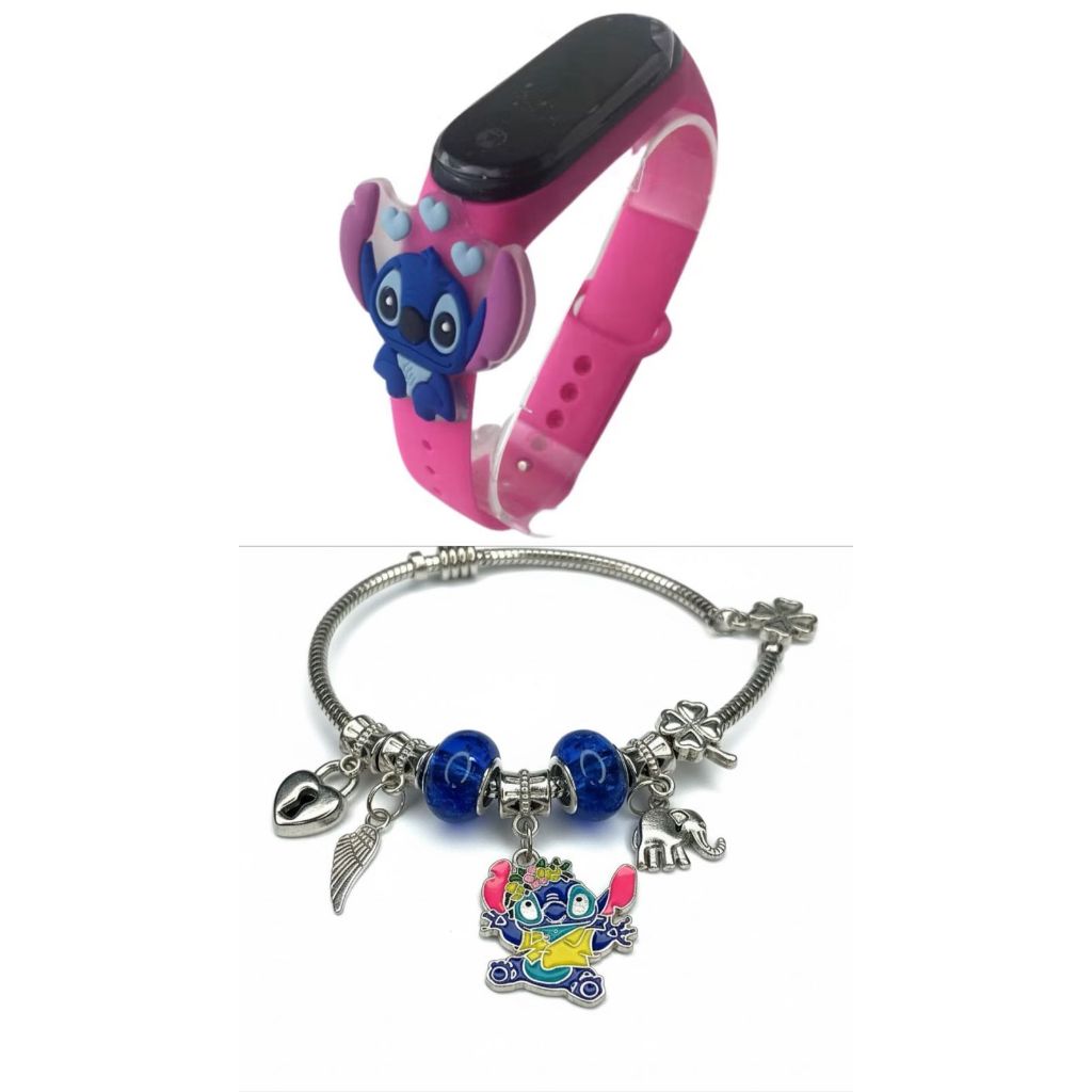 Pulseira Lilo Stitch com Berloques – Prateada kit opção com relógio – Presente Infantil high quality HIPER PROMOÇÃO!