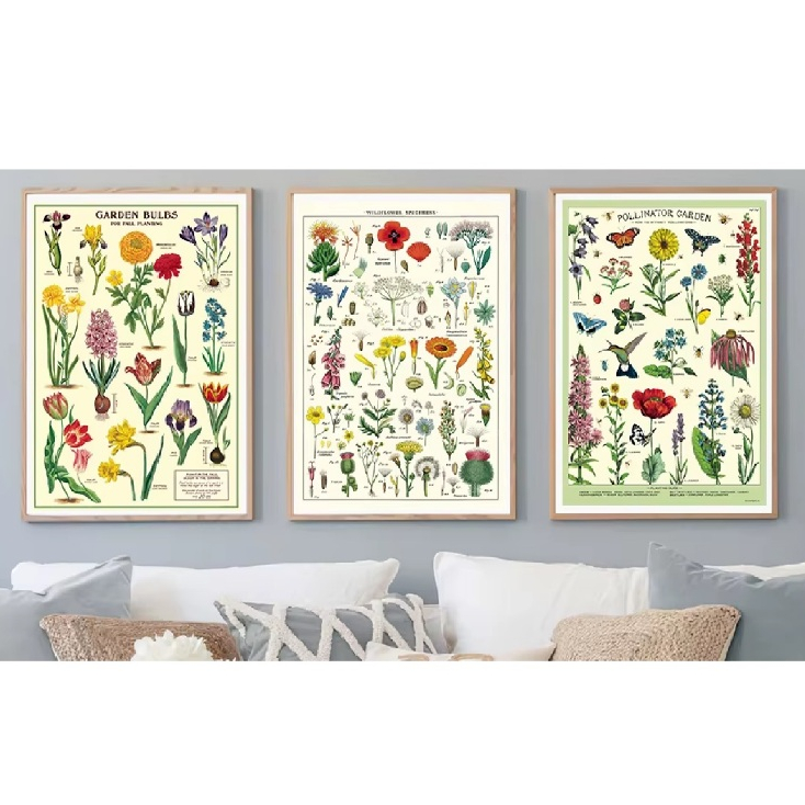 Quadros decorativos Arte kawaii, flor da árvore, cacto, esboço nórdico (3 peças)
