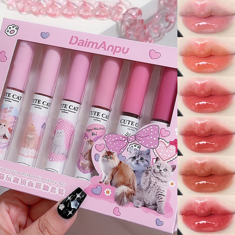 Conjunto De Brilho Labial GECOMO Cat Mirror – Perfeito Para Uso Diário E Todos Os Looks , Hidratante Aquoso , 6 Tons , P