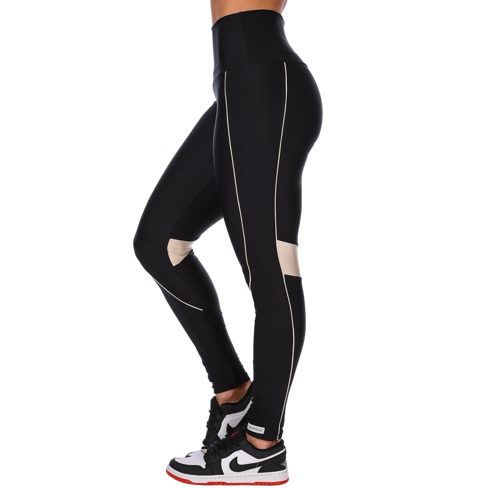 Calça Legging Fitness Cós Alto Cirrê Preto Com Recorte Bege Summer Soul