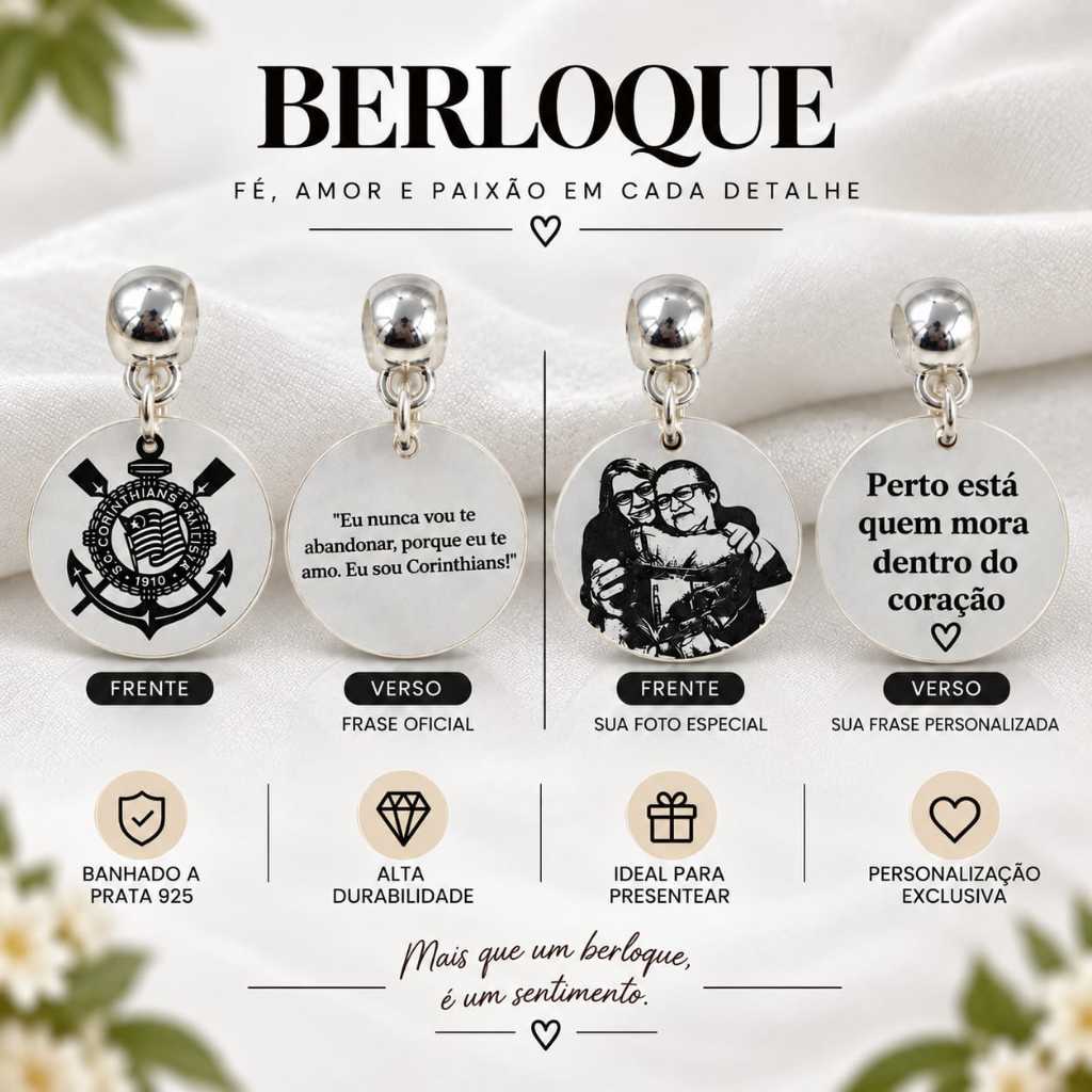 Berloque Personalizado com Foto 20mm Banhado a Prata com Frase no Verso