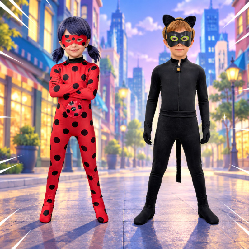 Crianças Red Polka Dot Hero & Black Cat Hero Jumpsuit Costume com máscara Meninos Meninas Halloween Cosplay Ou