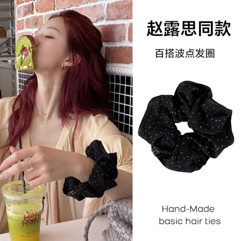Zhao Lusi Mesmo Estilo Preto Polka Dot Scrunchy Anel de Cabelo Feminino Laço de Cabelo High-End Rabo de Cavalo Elegante