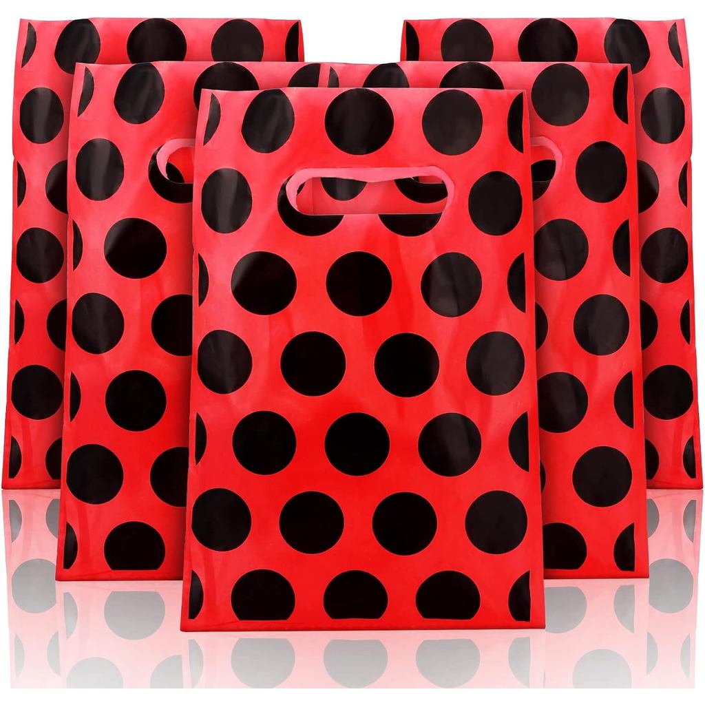 Teling 100 Pcs Ladybug Gift Bags Watermelon Ladybug Party Supplies Party Birthday Plastic Red Black Polka Dot Bags for C
