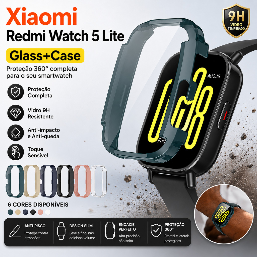 Case Protetora Xiaomi Redmi Watch 5 Lite com Vidro Temperado Integrado | Capa Bumper Acrílica