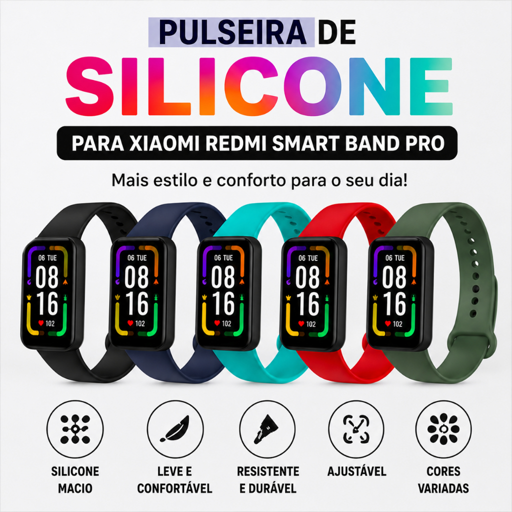 Pulseira de Silicone para Xiaomi Redmi Smart Band Pro Esportiva Ajustável Reposição Várias Cores