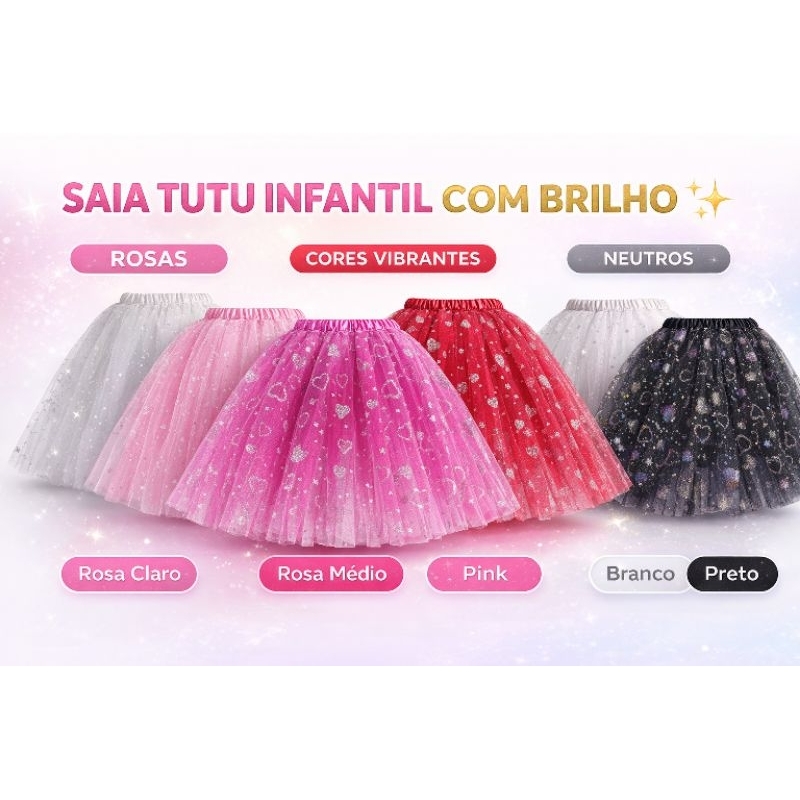 Saia Tutu Infantil com Brilho Corações Fantasia Princesa Festa Aniversário Menina