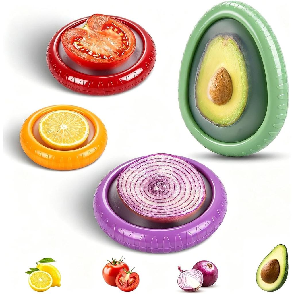 Avocado Saver Set of 4 Stretch Silicone & Plastic Food Storage Pods, Reusable Leak-Proof Produce Containers for Fridge,