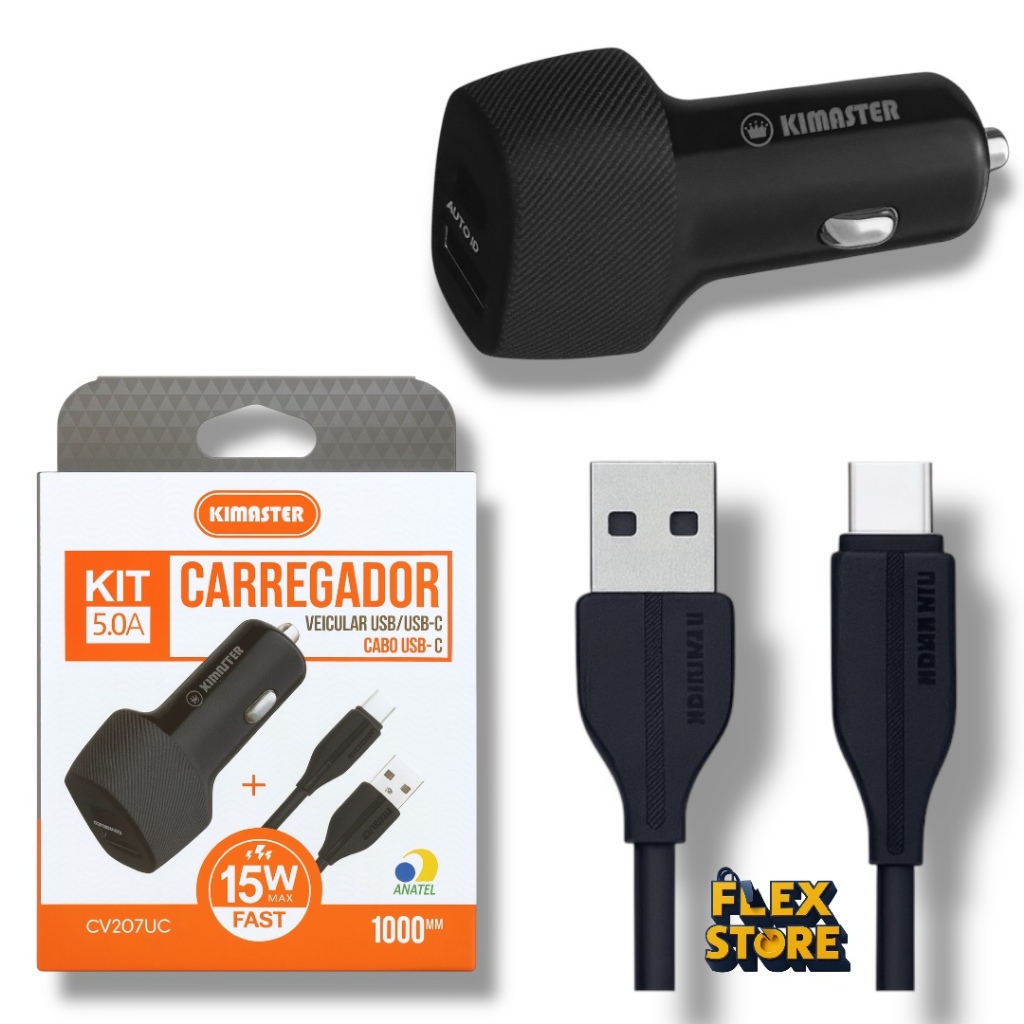 Kit Carregador Veicular Kimaster CV207UC 15W Fast 2 saidas + Cabo Tipo-C 1M 5A