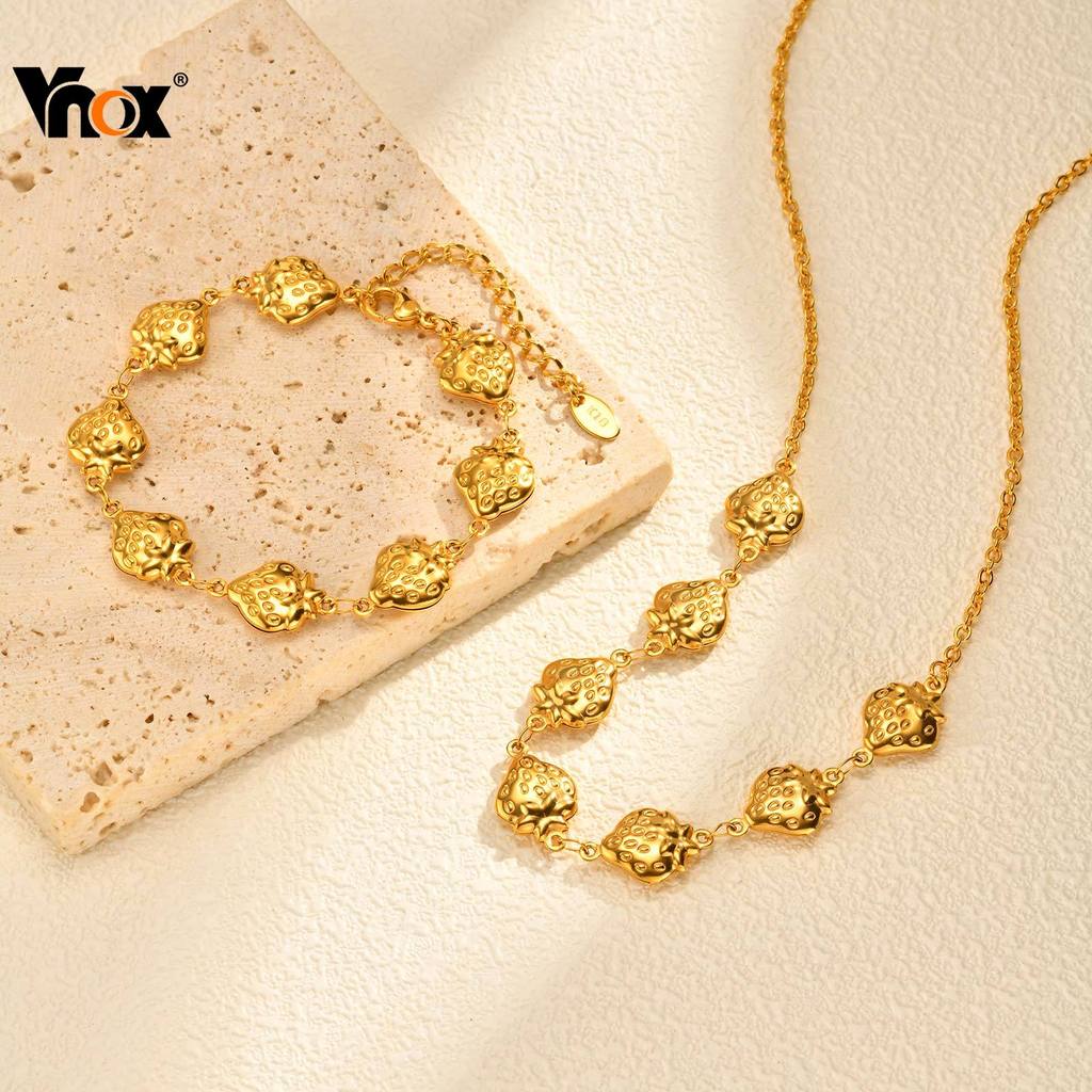 Vnox Conjunto De Pulseira De Colar De Morango Oco De Frutas , 2 Peças , Aço Inoxidável , Hipoalergênico , Feminino , Men