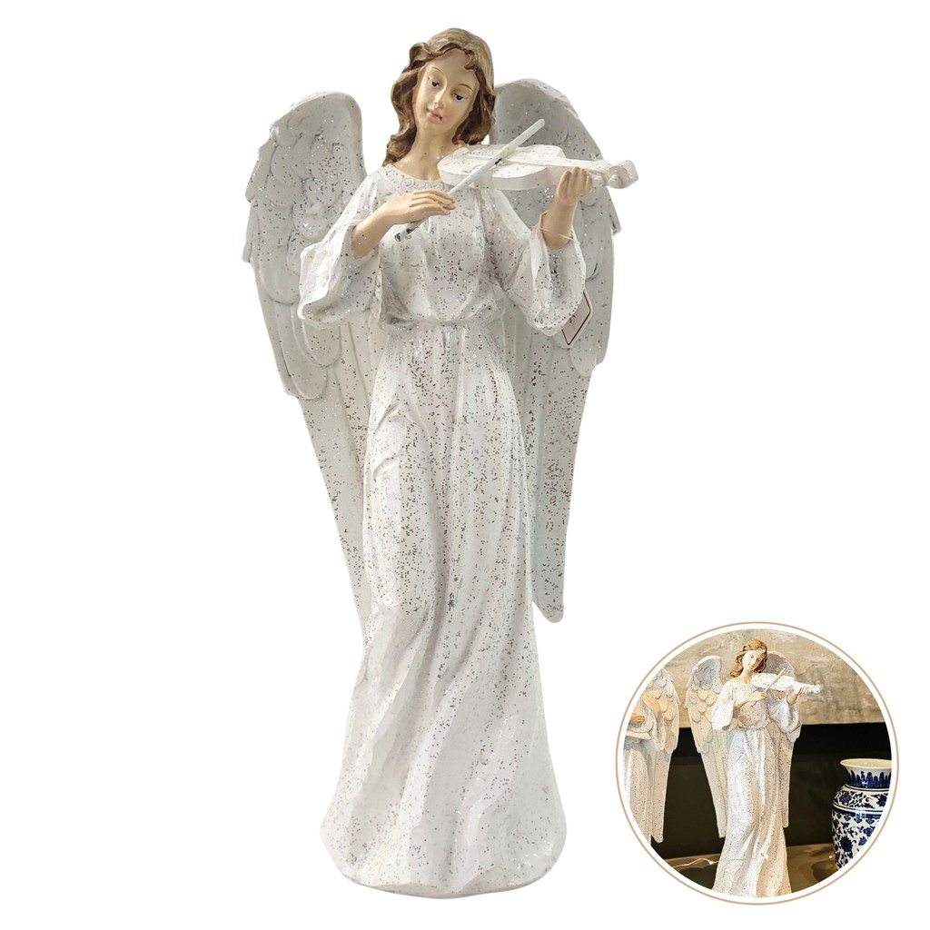 Anjo Decorativo Branco Violino Músico 38cm Decor Natal Resin