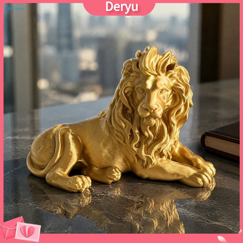 Lion Statue for Desk Minimalist Gold Accessories Golden Lying Resin Figurine – 3d Printed for Office Bookshelf Wine Ca