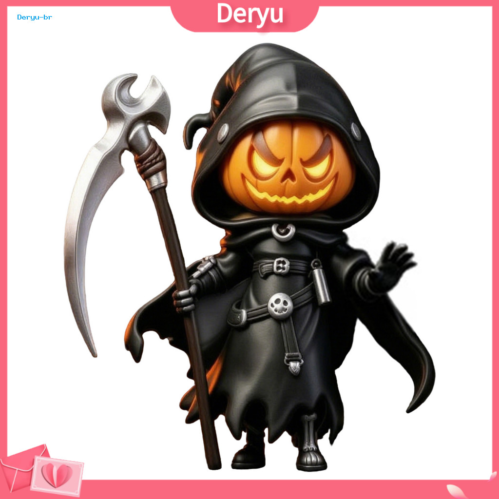 Halloween Pumpkin Reaper Figurine Fashionable Home Soft Furnishings Statue Resin Black Hooded with Sickle Desktop Decor
