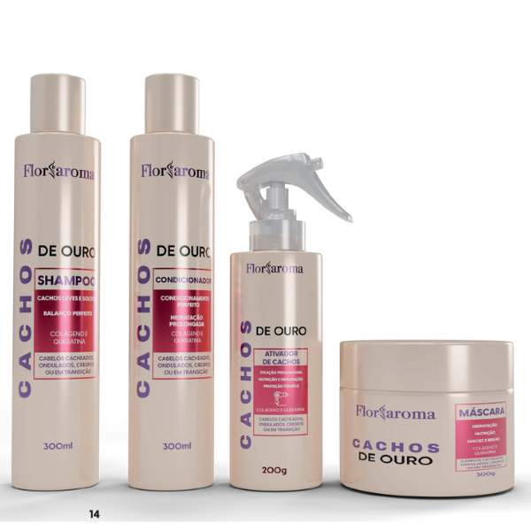 Kit Profissional Flor e roma Cachos Shampoo 300 ML+Condicionador 300 ML+Mascara 300 G +Brinde Ativador Cachos Ouro200ML