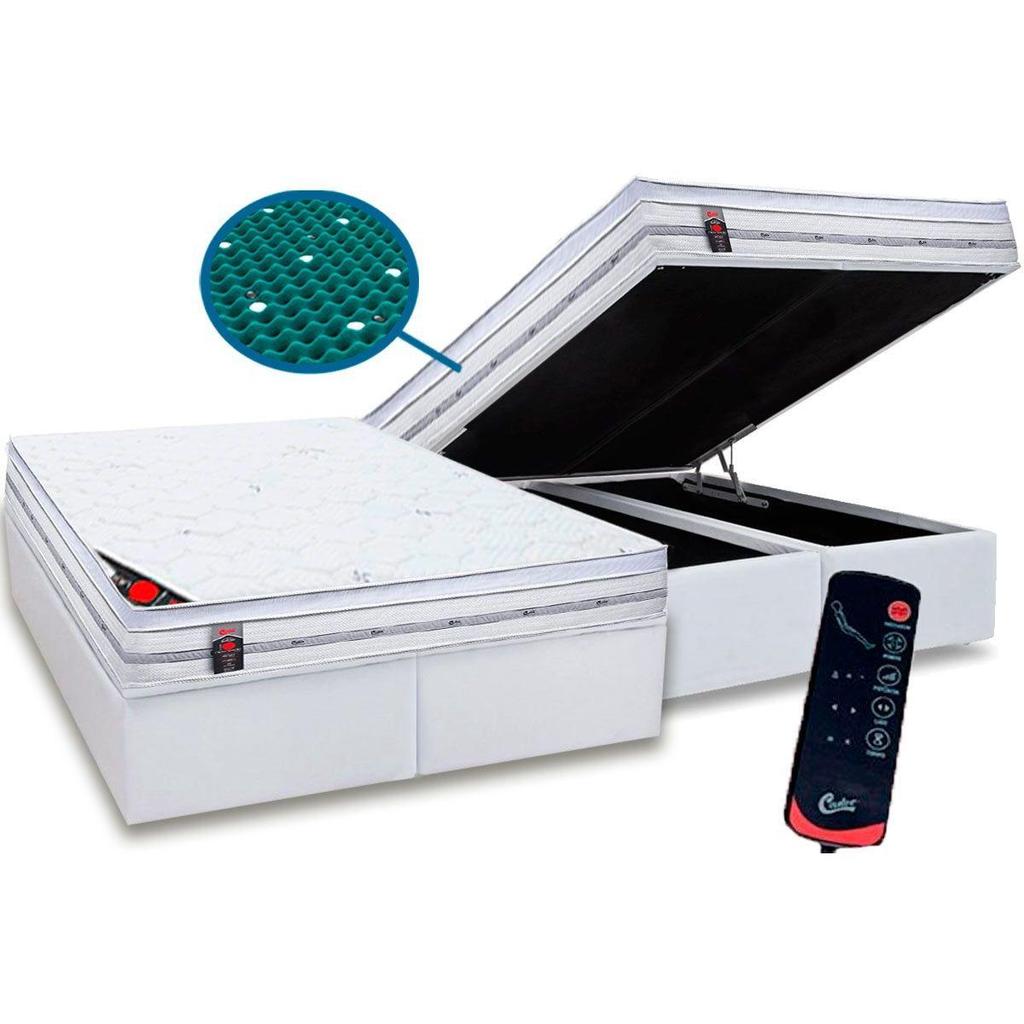 Cama Box Baú King: Colchão c/Vibro Massagem Castor Molas Pocket c/ Magnético Gold Star + Base CRC Courano White(193x203)