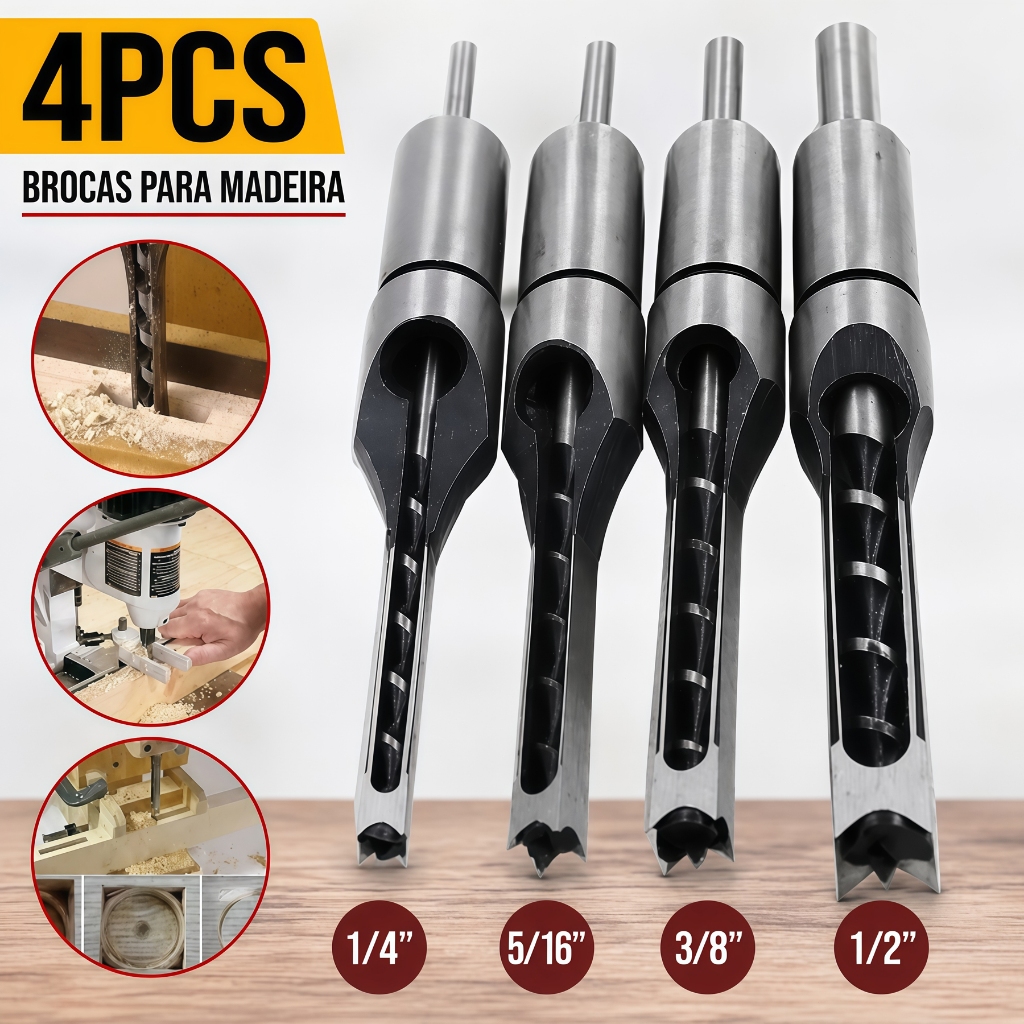 Set of 4 Square Hole Drill Bits for Wood Benchtop Drill 1/4 5/16 3/8 1/2, Steel Hole