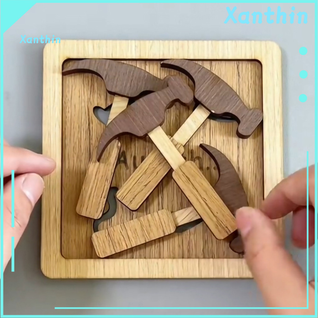 Wooden Puzzle Toy Square Board Hammer Brain Teaser Game for Kids Adults Portable Solid Wood Educational Four Hammers Cha