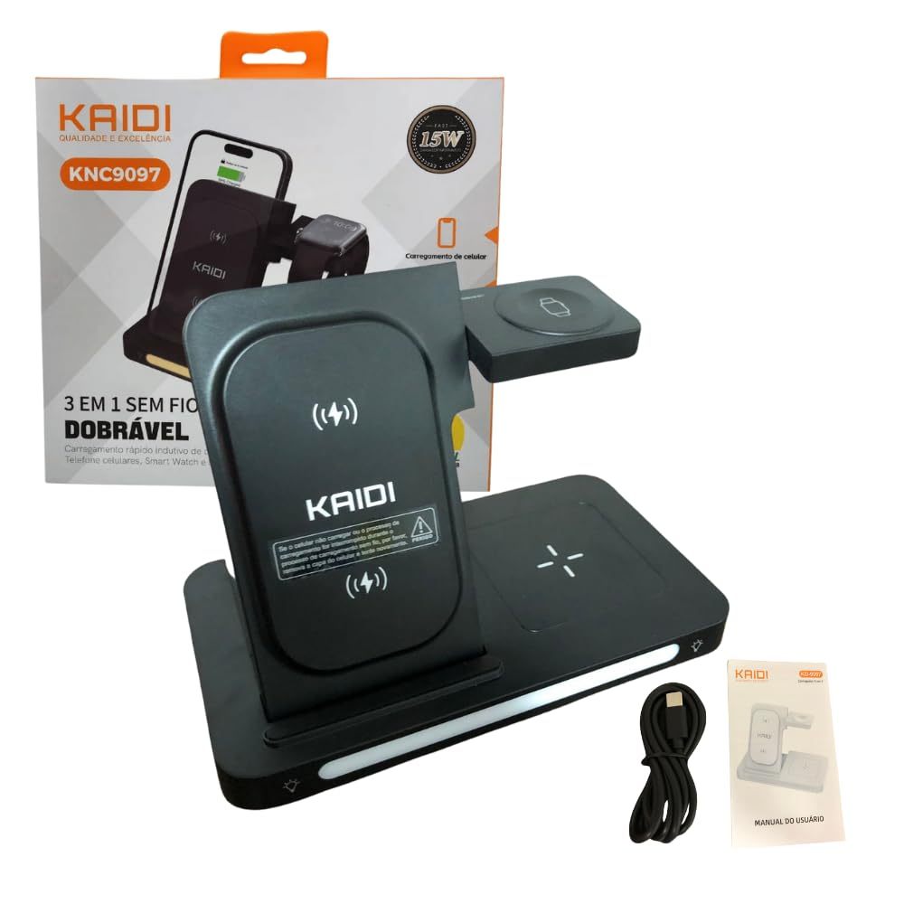 Suporte Carregador Indutivo Fone Celular Smartwatch 3 em 1 sem fio Dobrável 15W Kaidi KNC-9097