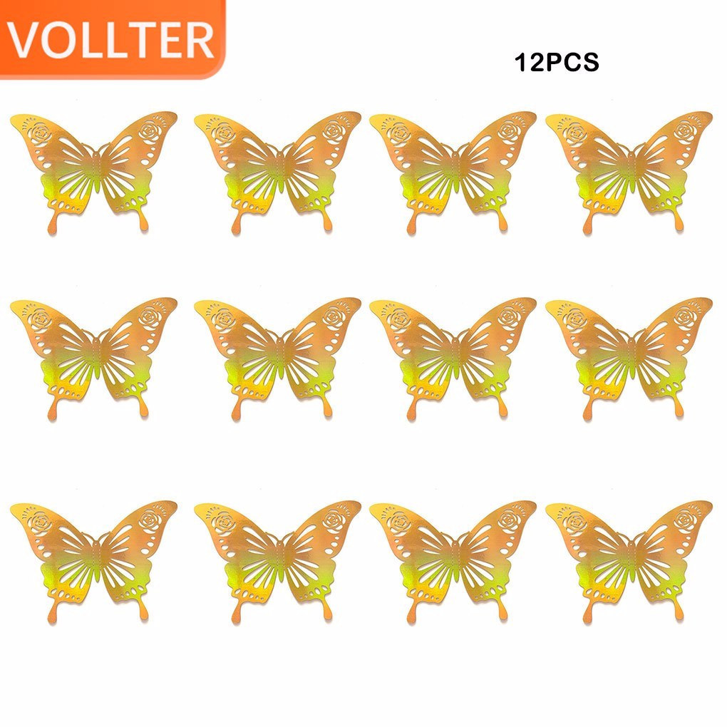 12 Peças/Set Forma De Inseto Adesivo De Parede Oco Decorativo Brilhante Ulação Vívido Realista Casa Festival Decalque Or