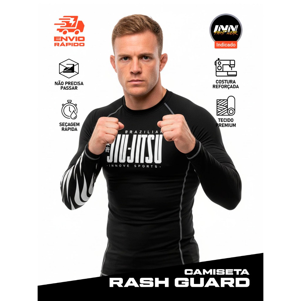 Camiseta Compressão Rash Guard Jiu Jitsu Bjj Inn Fight Preta