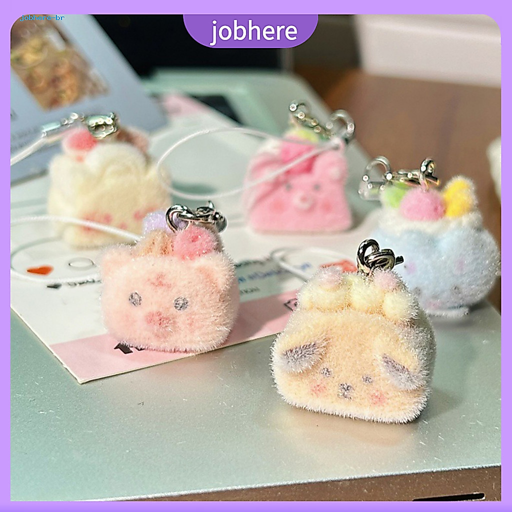 Blue Beige Pendant Cake Cute Keychain Set – Decorative with Lanyard Flocked Dog Pig Bear Shapes Bag Charm Mobile Phone
